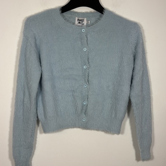 Princess Polly Phoebe Button Front Cardigan L XL Light Blue  Furry Cropped - Picture 7 of 7
